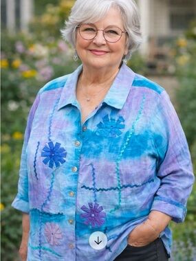 Indigo Moon Shirt Button Front Blue Ombré Purple Ribbon 2X NEW QVC